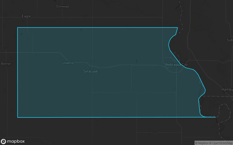 Map of Otoe County, Nebraska showing the county boundary and surrounding cities