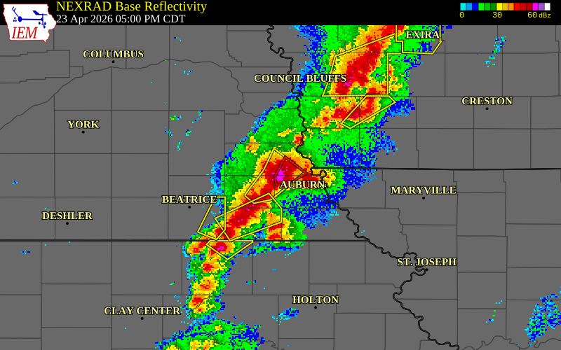 NEXRAD radar during the Thursday, April 23, 2026 storm activity in Otoe County, Nebraska