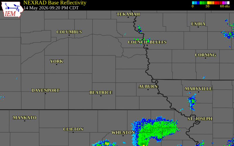 NEXRAD radar during the Thursday, May 14, 2026 storm activity in Otoe County, Nebraska