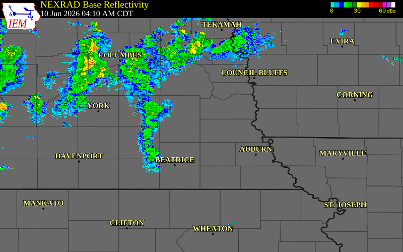NEXRAD radar during the Wednesday, June 10, 2026 storm activity in Otoe County, Nebraska