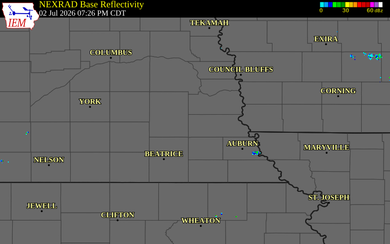 NEXRAD radar during the Thursday, July 2, 2026 storm activity in Otoe County, Nebraska