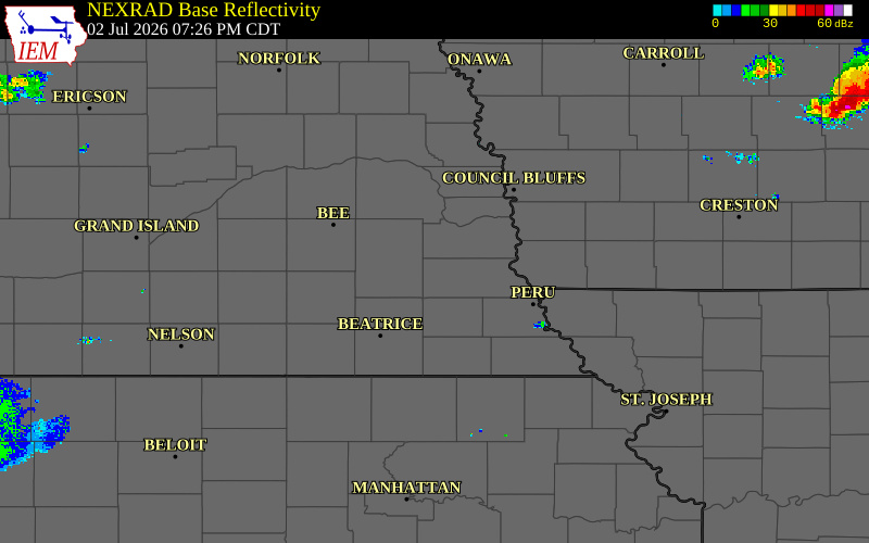 Radar snapshot during the Jul 2, 2026 hail event near Palmyra, Otoe County, Nebraska, with NWS warning polygons
