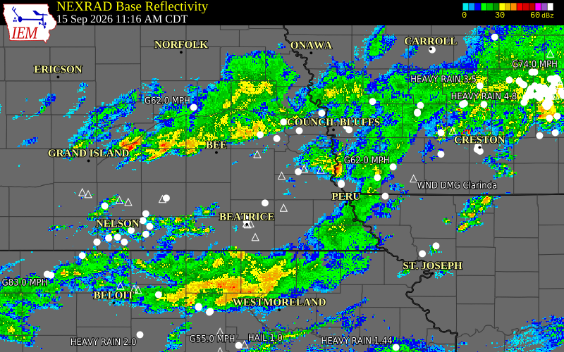 Current NEXRAD radar over Otoe County, Nebraska with recent storm report locations