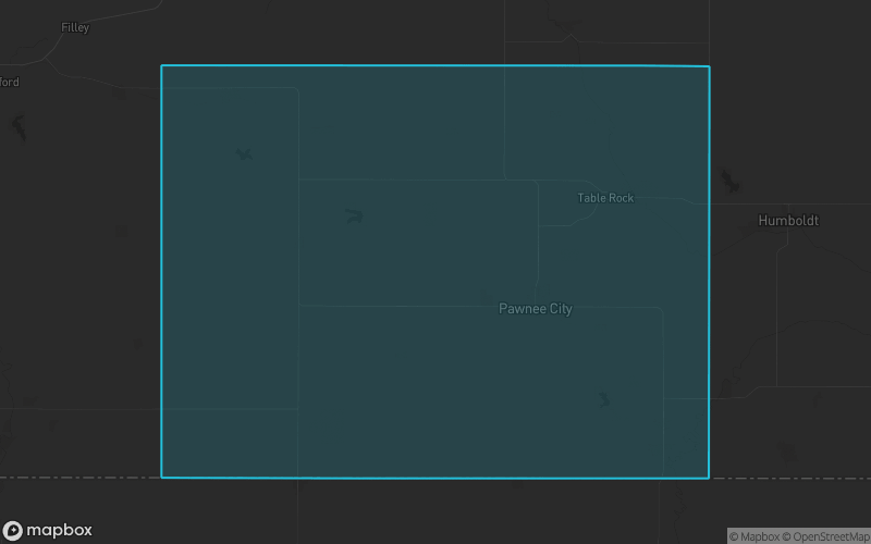 Map of Pawnee County, Nebraska showing the county boundary and surrounding cities