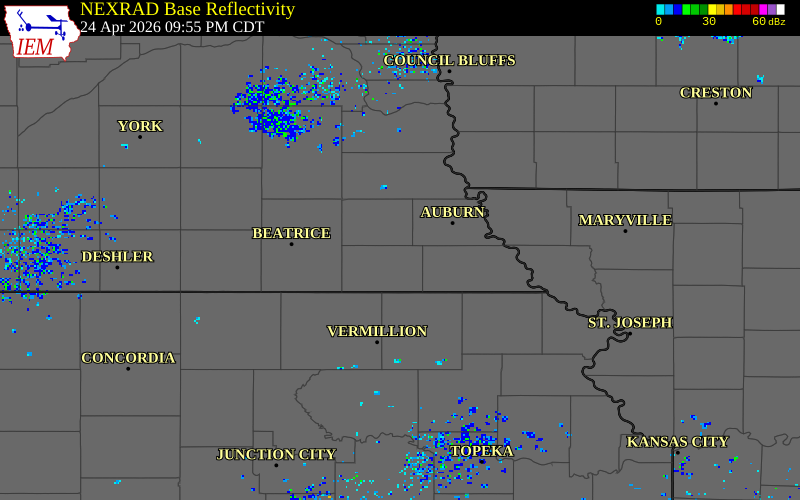 NEXRAD radar during the Friday, April 24, 2026 storm activity in Pawnee County, Nebraska