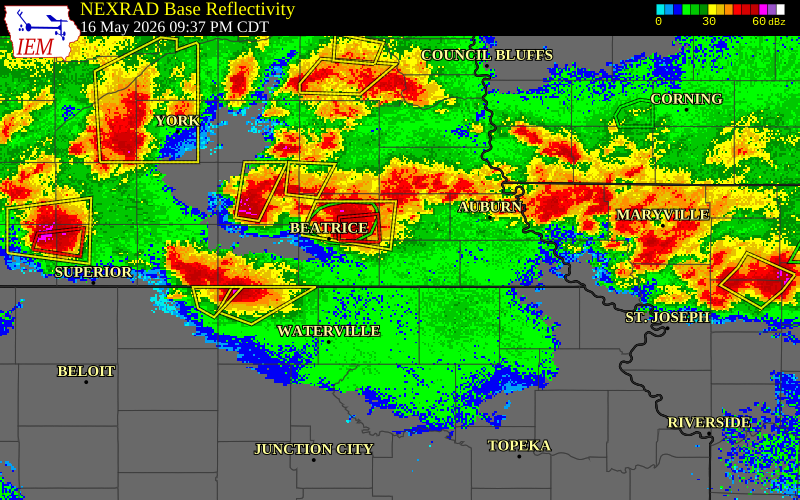 NEXRAD radar during the Saturday, May 16, 2026 storm activity in Pawnee County, Nebraska