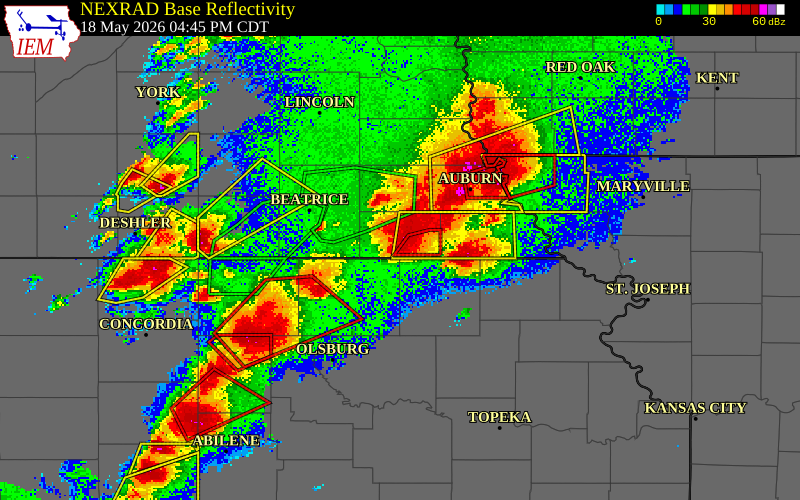 NEXRAD radar during the Monday, May 18, 2026 storm activity in Pawnee County, Nebraska
