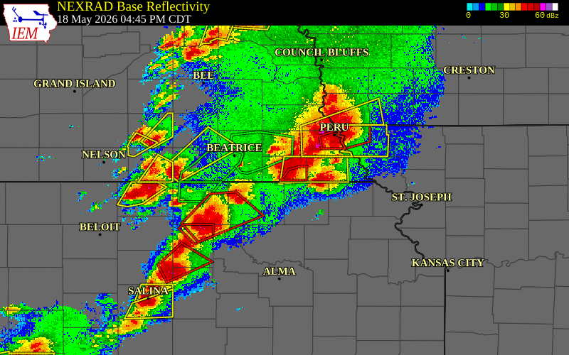 Radar snapshot during the May 18, 2026 tornado event near 6 SW Pawnee City, Pawnee County, Nebraska, with NWS warning polygons