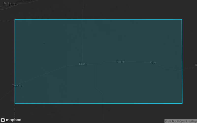 Map of Perkins County, Nebraska showing the county boundary and surrounding cities