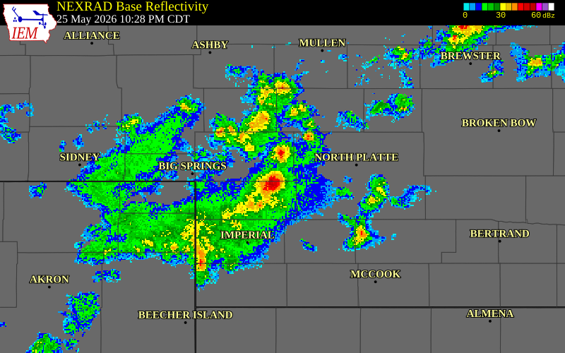 NEXRAD radar during the Monday, May 25, 2026 storm activity in Perkins County, Nebraska