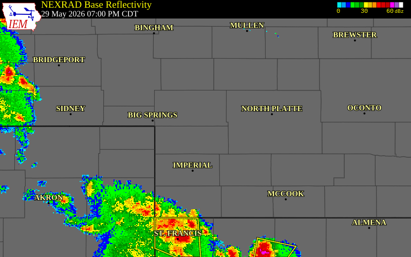 NEXRAD radar during the Friday, May 29, 2026 storm activity in Perkins County, Nebraska