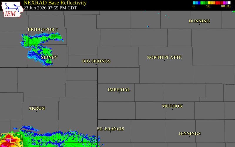 NEXRAD radar during the Tuesday, June 23, 2026 storm activity in Perkins County, Nebraska