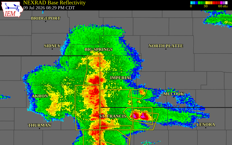 NEXRAD radar during the Thursday, July 9, 2026 storm activity in Perkins County, Nebraska