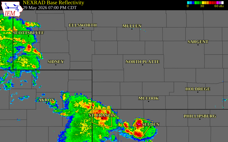 Radar snapshot during the May 29, 2026 tornado event near 10 NNE Madrid, Perkins County, Nebraska, with NWS warning polygons