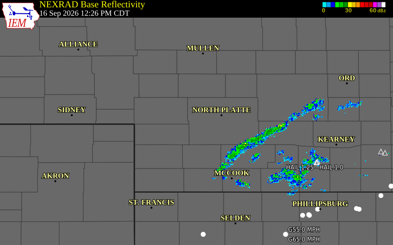 Current NEXRAD radar over Perkins County, Nebraska with recent storm report locations