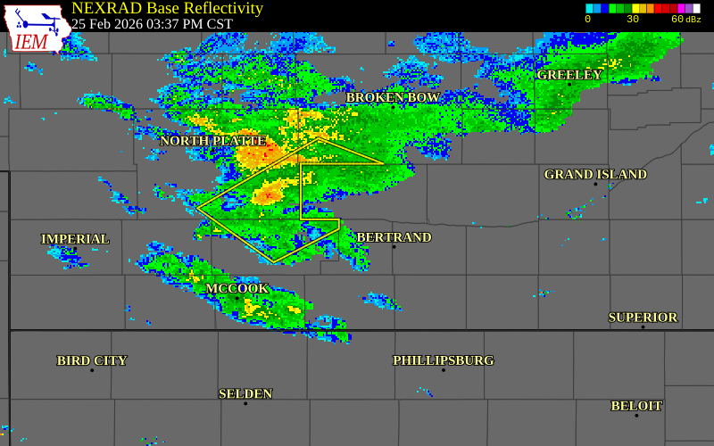 NEXRAD radar during the Wednesday, February 25, 2026 storm activity in Phelps County, Nebraska