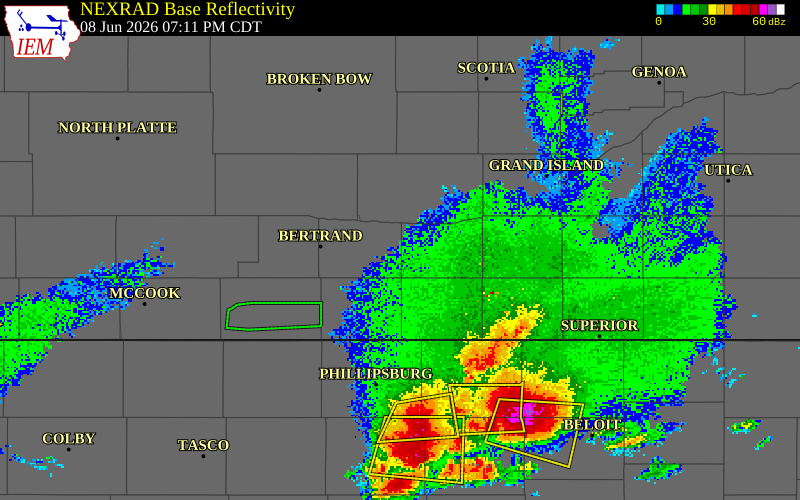NEXRAD radar during the Monday, June 8, 2026 storm activity in Phelps County, Nebraska