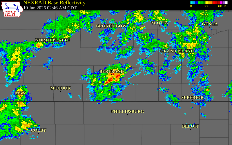 NEXRAD radar during the Wednesday, June 10, 2026 storm activity in Phelps County, Nebraska