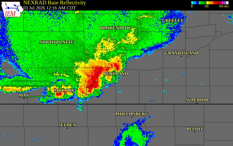 NEXRAD radar during the Friday, July 3, 2026 storm activity in Phelps County, Nebraska