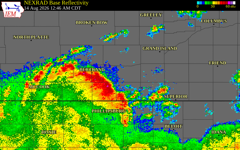 NEXRAD radar during the Friday, August 14, 2026 storm activity in Phelps County, Nebraska