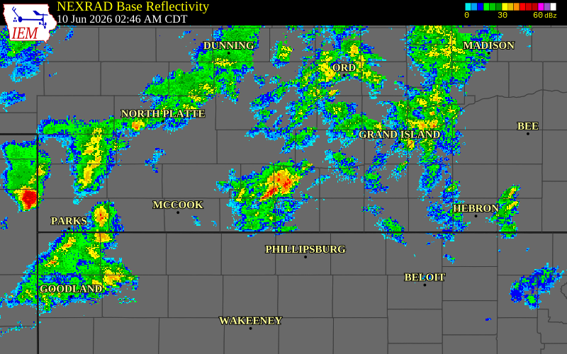 Radar snapshot during the Jun 10, 2026 hail event near 13 NW Holdrege, Phelps County, Nebraska, with NWS warning polygons