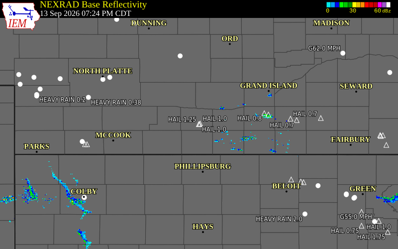 Current NEXRAD radar over Phelps County, Nebraska with recent storm report locations