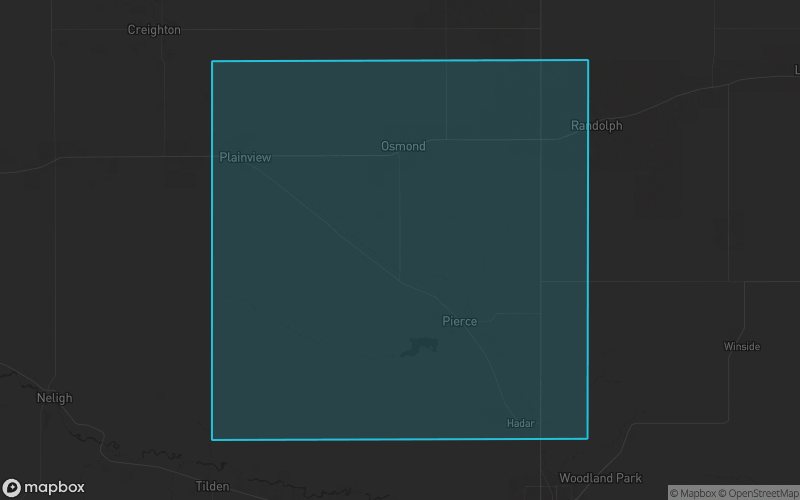 Map of Pierce County, Nebraska showing the county boundary and surrounding cities