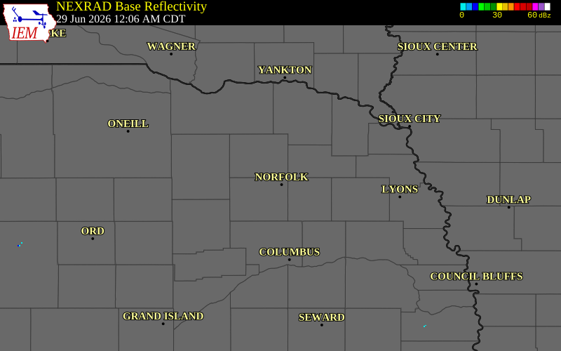 NEXRAD radar during the Monday, June 29, 2026 storm activity in Pierce County, Nebraska