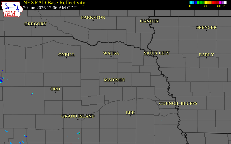 Radar snapshot during the Jun 29, 2026 wind event near 1 E Hadar, Pierce County, Nebraska, with NWS warning polygons