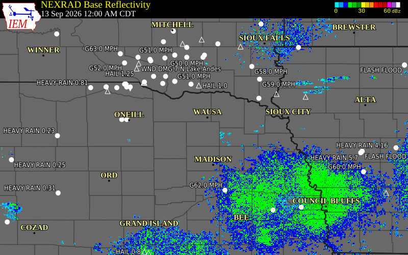Current NEXRAD radar over Pierce County, Nebraska with recent storm report locations