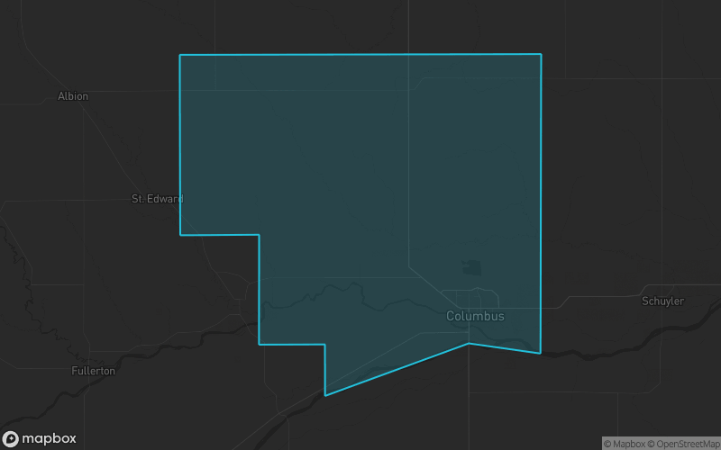 Map of Platte County, Nebraska showing the county boundary and surrounding cities