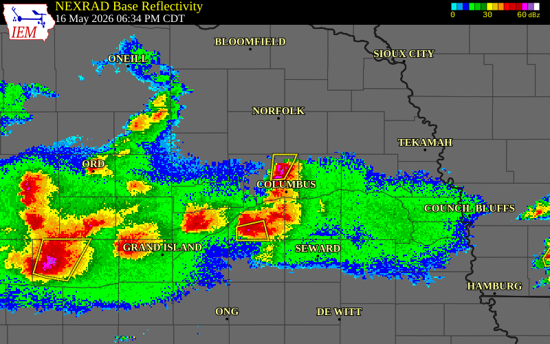 NEXRAD radar during the Saturday, May 16, 2026 storm activity in Platte County, Nebraska