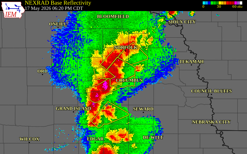 NEXRAD radar during the Sunday, May 17, 2026 storm activity in Platte County, Nebraska