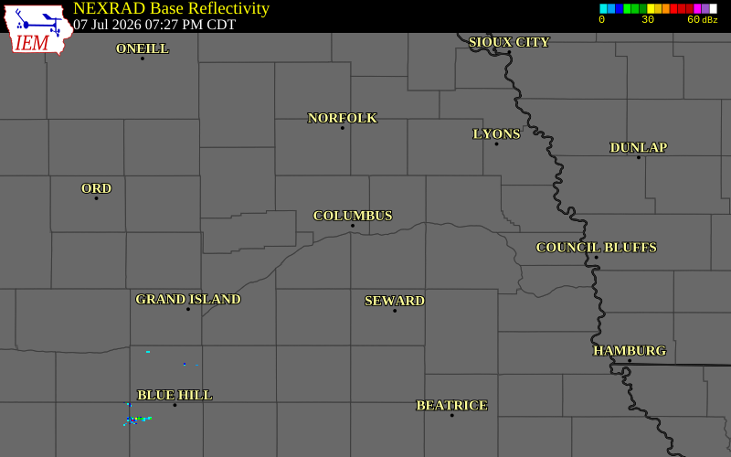 NEXRAD radar during the Tuesday, July 7, 2026 storm activity in Platte County, Nebraska