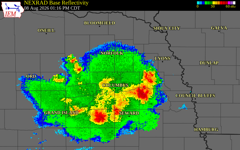 NEXRAD radar during the Saturday, August 8, 2026 storm activity in Platte County, Nebraska