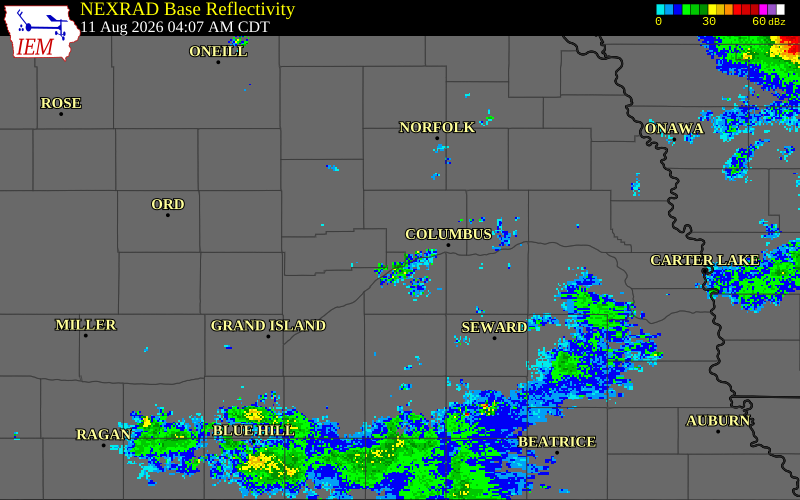 NEXRAD radar during the Tuesday, August 11, 2026 storm activity in Platte County, Nebraska