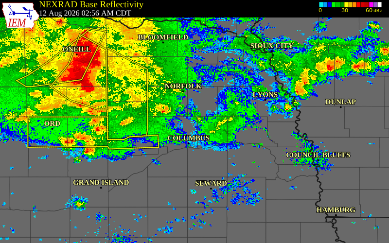 NEXRAD radar during the Wednesday, August 12, 2026 storm activity in Platte County, Nebraska