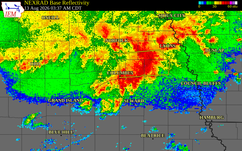 NEXRAD radar during the Thursday, August 13, 2026 storm activity in Platte County, Nebraska
