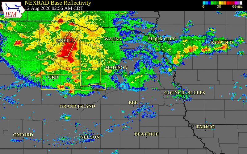 Radar snapshot during the Aug 12, 2026 tornado event near 3 WSW Leigh, Platte County, Nebraska, with NWS warning polygons
