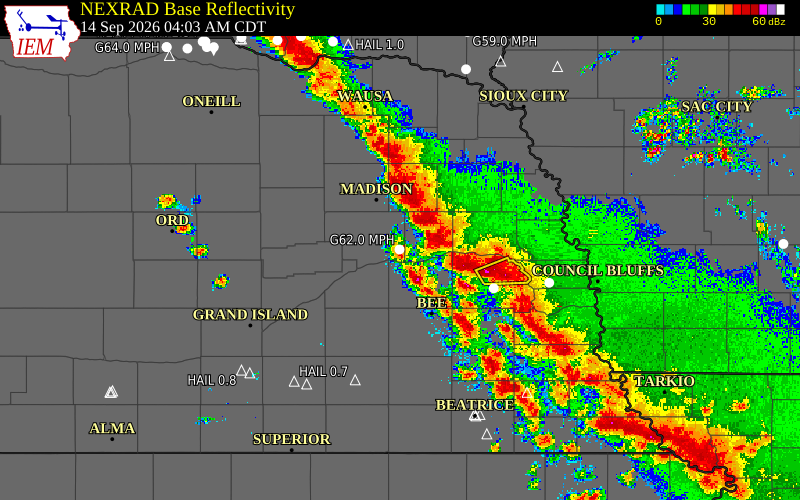 Current NEXRAD radar over Platte County, Nebraska with recent storm report locations