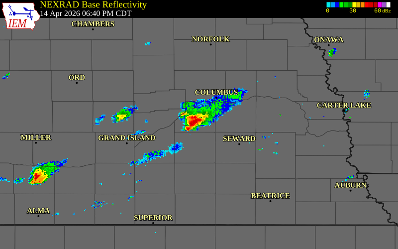 NEXRAD radar during the Tuesday, April 14, 2026 storm activity in Polk County, Nebraska