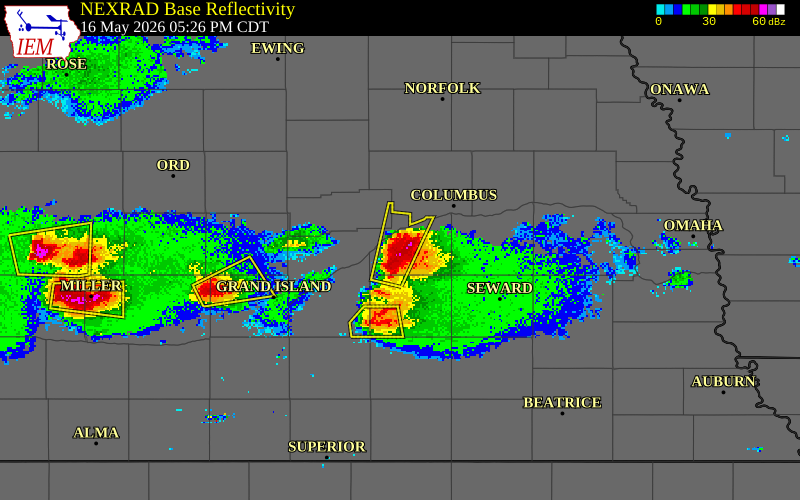 NEXRAD radar during the Saturday, May 16, 2026 storm activity in Polk County, Nebraska
