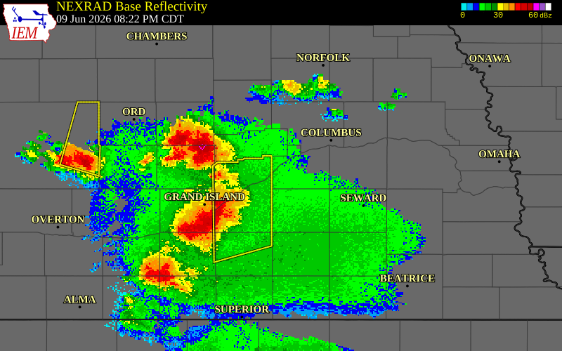 NEXRAD radar during the Tuesday, June 9, 2026 storm activity in Polk County, Nebraska