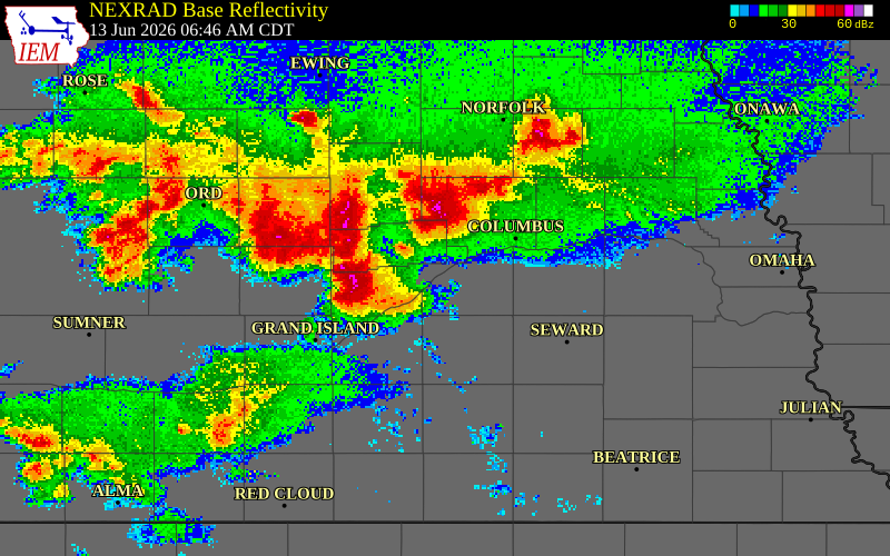 NEXRAD radar during the Saturday, June 13, 2026 storm activity in Polk County, Nebraska