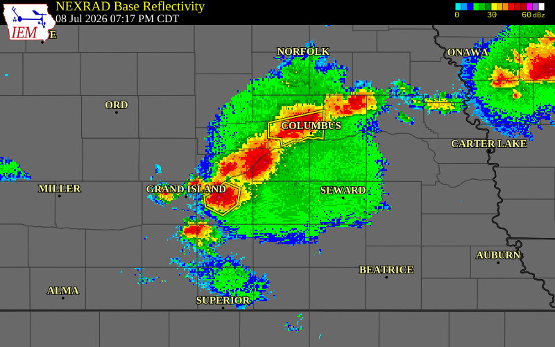 NEXRAD radar during the Wednesday, July 8, 2026 storm activity in Polk County, Nebraska