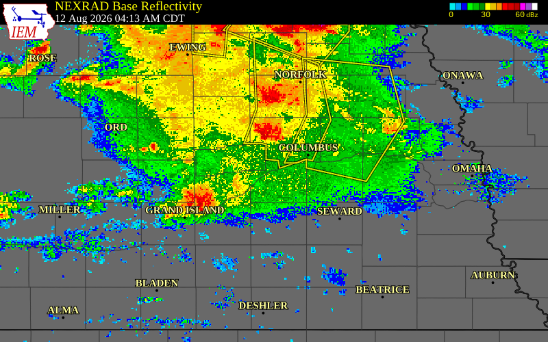 NEXRAD radar during the Wednesday, August 12, 2026 storm activity in Polk County, Nebraska