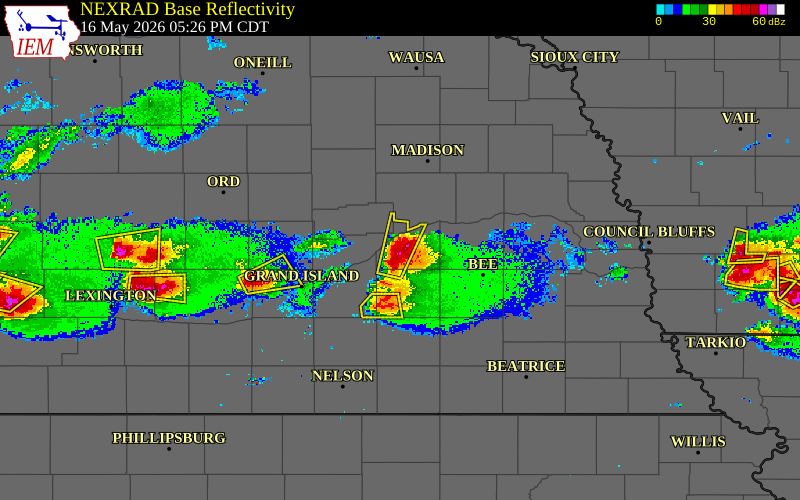 Radar snapshot during the May 16, 2026 hail event near 6 W Osceola, Polk County, Nebraska, with NWS warning polygons