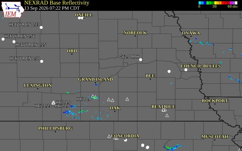 Current NEXRAD radar over Polk County, Nebraska with recent storm report locations