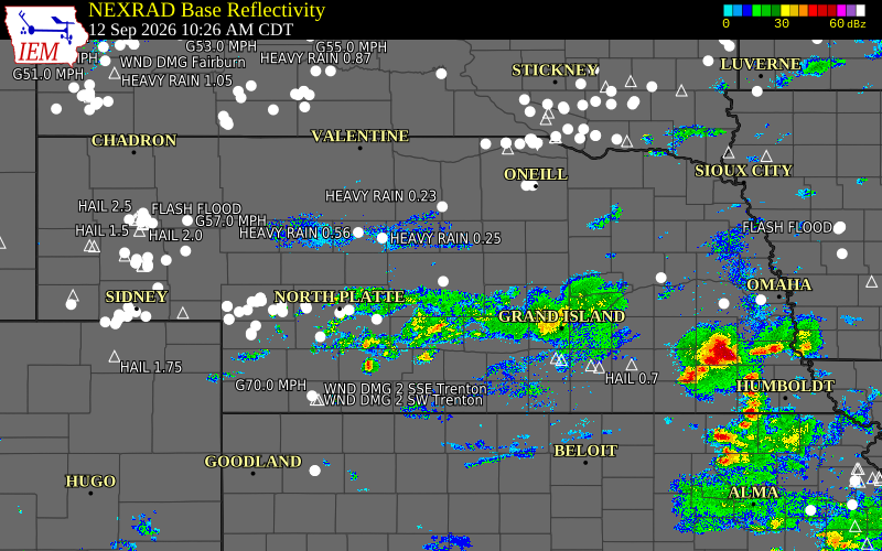 Current NEXRAD radar across Nebraska with recent storm report locations
