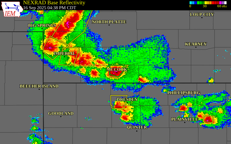 NEXRAD radar during the Tuesday, September 16, 2025 storm activity in Red Willow County, Nebraska